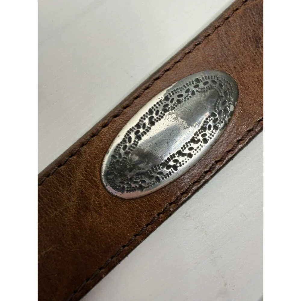 Vintage Tooled Leather Western Belt Silver Engraved Buckle Brown Size 40